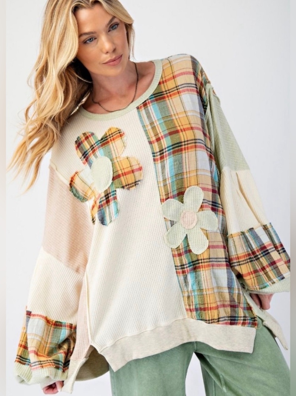 NWOT Easel Plaid Mix Daisy Patch Oversized Knit Top